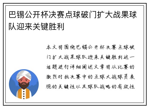 巴锡公开杯决赛点球破门扩大战果球队迎来关键胜利